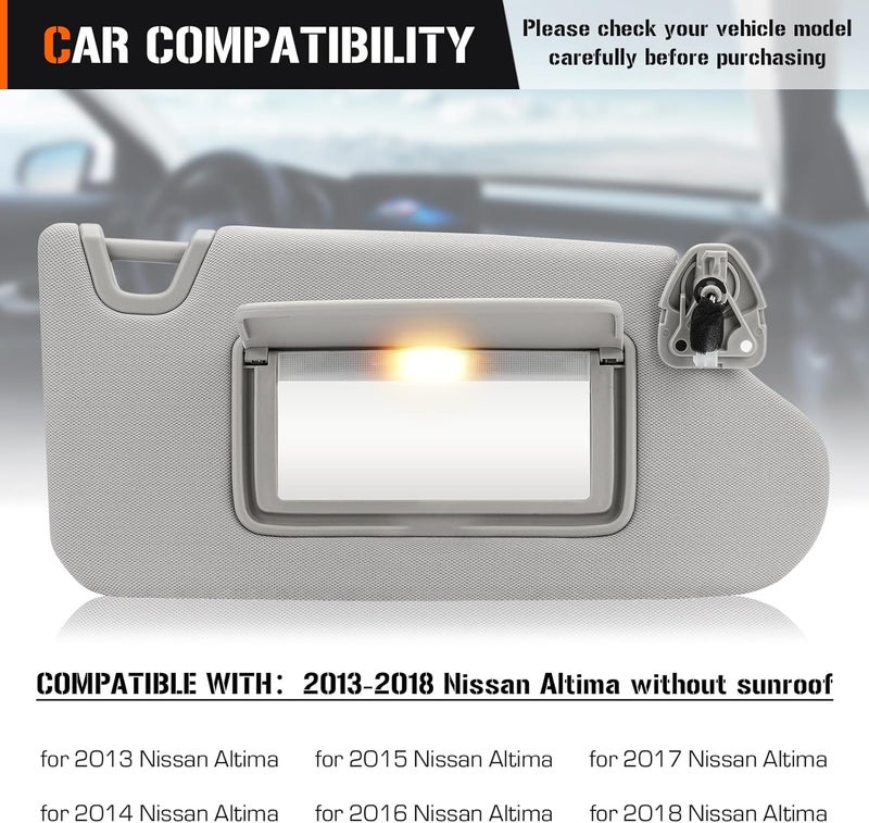 AEagle Left & Right Sun Visor with Vanity Light for 2013-2018 Nissan Altima Without Sunroof, Driver & Passenger Side Gray Sunvisor Replacement 96400-3TA2A - Image 2